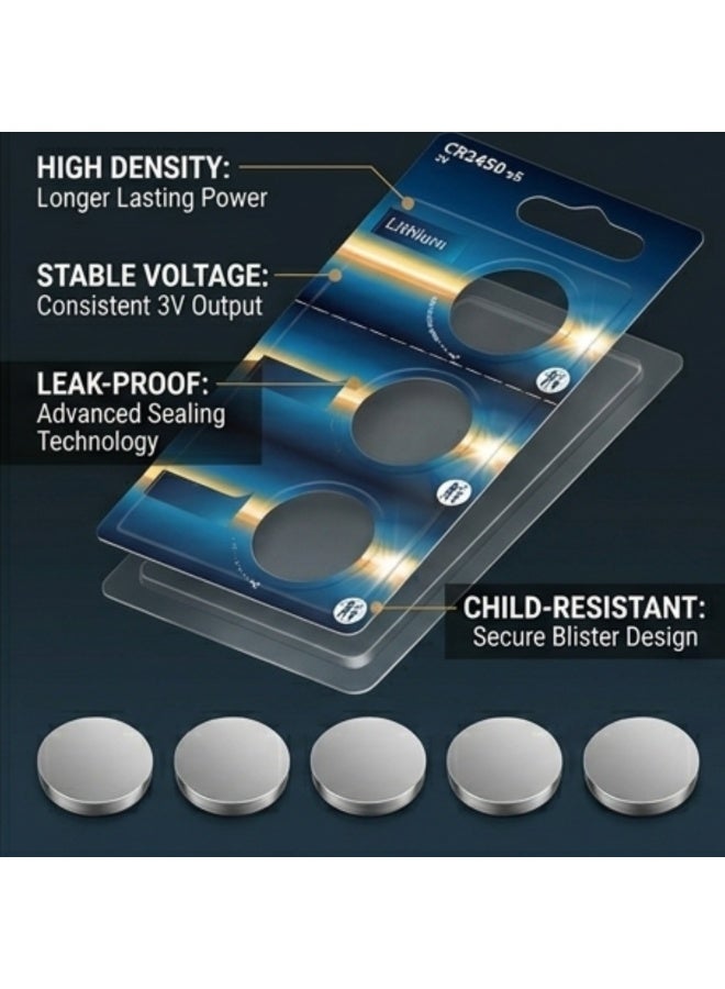 بطارية ليثيوم CR2450 3V (عبوة 5) - خلية عملة طويلة الأمد لمفاتيح السيارة، حساسات أبواب المرآب (MyQ)، والأجهزة الطبية - عمر افتراضي 10 سنوات - Image 2