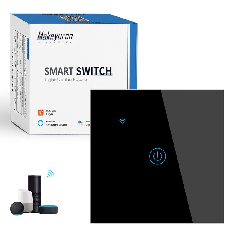 ماكايورون مفتاح لمس واي فاي Makayuron TuyaSmart (التحكم الصو��ي) – التحكم الصوتي عبر Alexa و Google، التحكم المزدوج الذكي في الإضاءة عبر التطبيق، جدولة تلقائية، أسود، مجموعة واحدة - Image 1