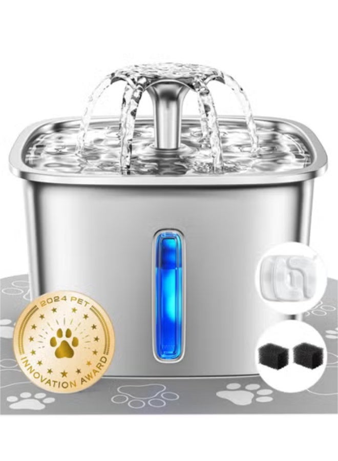 عربست نافورة مياه للقطط من الفولاذ المقاوم للصدأ، حائزة على جائزة الابتكار، موزع مياه أوتوماتيكي للحيوانات الأليفة سعة 95 أونصة/2.8 لتر مع فلاتر بديلة وسجادة سيليكون للقطط والكلاب والحيوانات الأليفة المتعددة (فضي) - Image 1