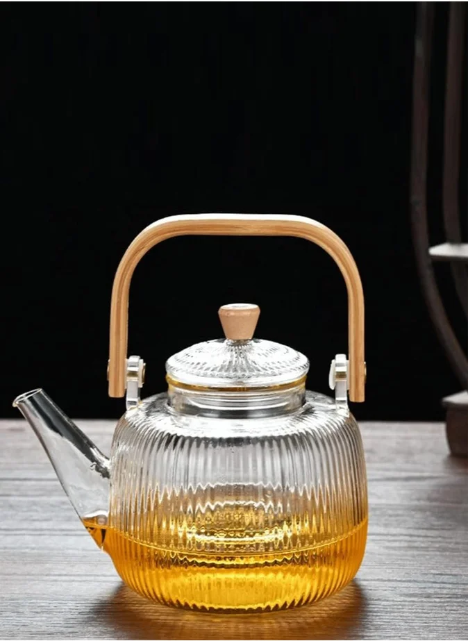 1 تشيس Borosilicate Stripe Glass Teapot With Bamboo Handle for Loose Leaf Tea, Blooming Tea, Flower Tea 1000 ML