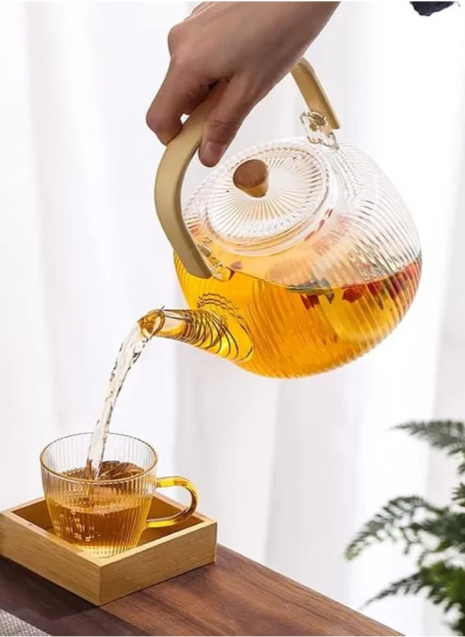 1Chase Borosilicate Stripe Glass Teapot With Bamboo Handle for Loose Leaf Tea, Blooming Tea, Flower Tea 1000 ML