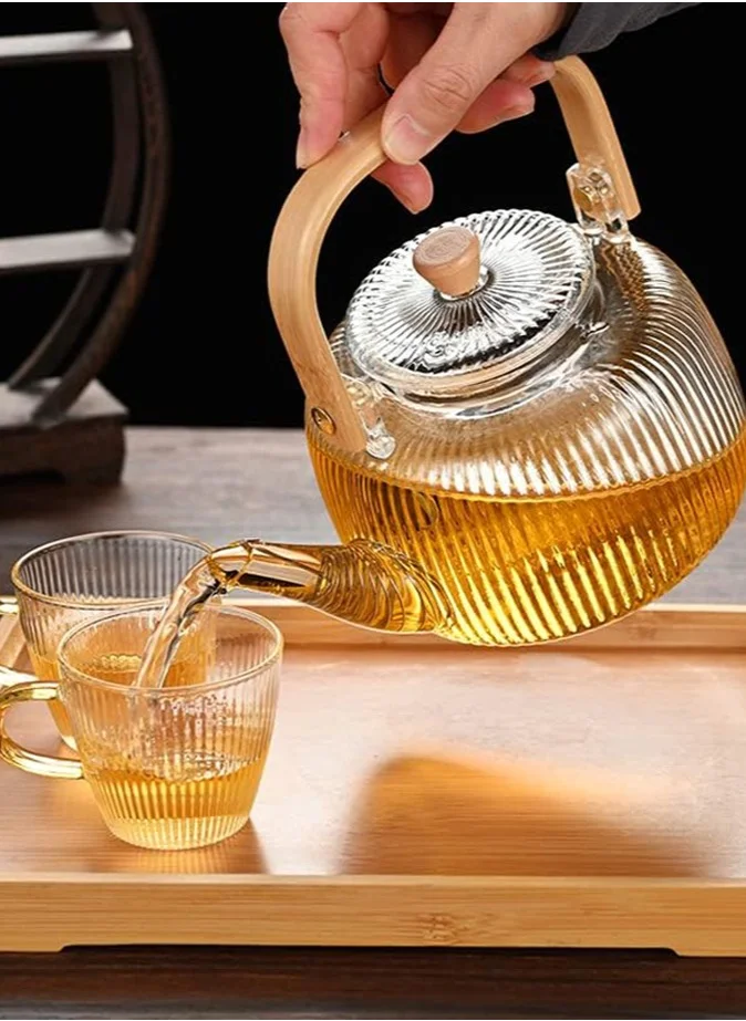 1Chase Borosilicate Stripe Glass Teapot With Bamboo Handle for Loose Leaf Tea, Blooming Tea, Flower Tea 1000 ML
