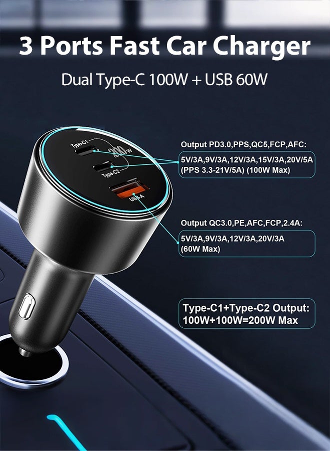 بينريك شاحن سيارة USB C 200 واط مزدوج PD 100 واط للشحن السريع مع كابل 100 واط، محول شاحن فائق السرعة PD3.0 QC4.0 PPS AFC FCP لأجهزة iPhone 17 16 15 و iPad Pro و Galaxy S24 S23 Ultra و Huawei Mate70 MacBook والكمبيوتر المحمول للاستخدام اليومي والسفر والسيارات - Image 2