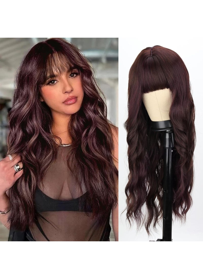 MERISIHAIR MERISIHAIR Brown Wig with Bangs Long Wavy Wigs for Women Synthetic Heat Resistant Fiber Curly Wig Daily Party Holiday Festival Chrismas Travel Used 
