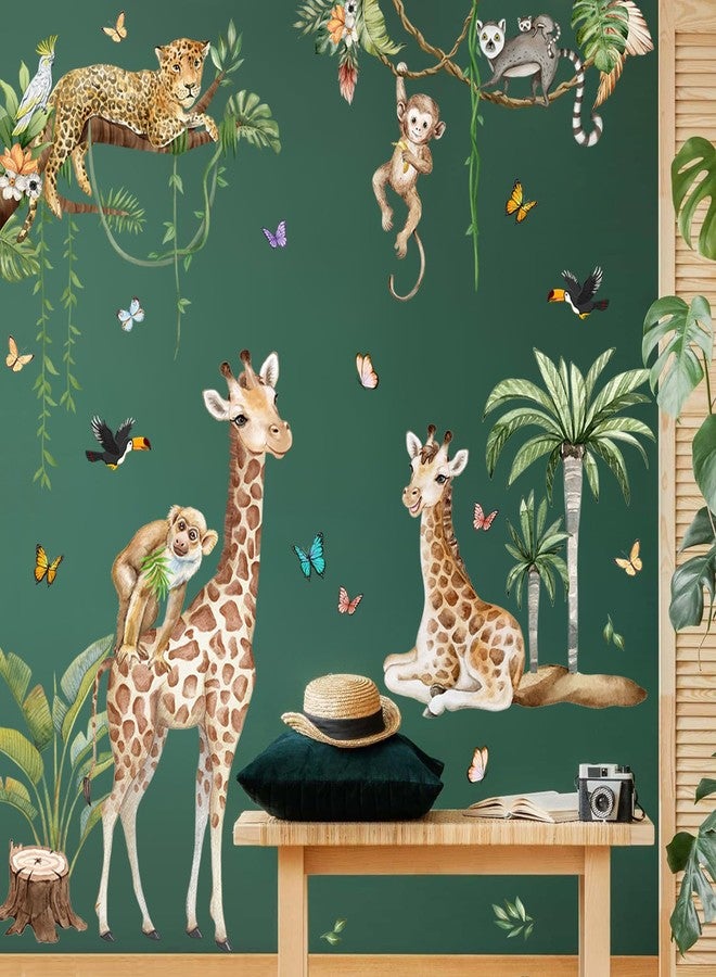 LiveGallery Jungle Safari Watercolor Wall Stickers - Large Removable Animal Wall Decals (Leopard, Giraffe, Monkey, Koala) with Tropical Plants Vines & Butterflies DIY Nursery Decor for Kids Bedroom, Classroom - Image 1