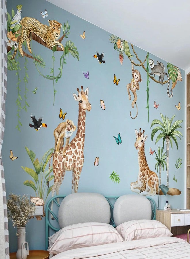 LiveGallery Jungle Safari Watercolor Wall Stickers - Large Removable Animal Wall Decals (Leopard, Giraffe, Monkey, Koala) with Tropical Plants Vines & Butterflies DIY Nursery Decor for Kids Bedroom, Classroom - Image 3