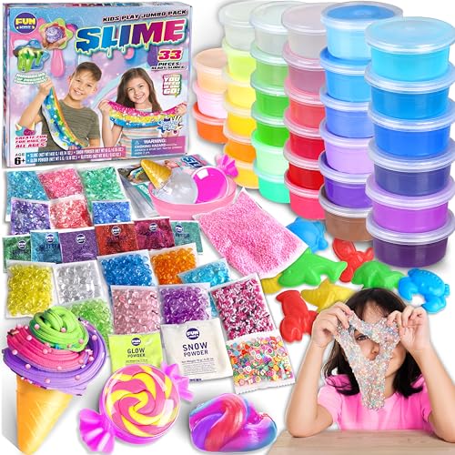FUN KIDZ 33 Cups Jumbo Slime Kit for Kids, FunKidz Premade Ultimate Slime Pack to DIY Soft, Cloud, Clear, Butter, Glitter, Glow in Dark Slime Making Kit Party Favors Gift Toys for Girls and Boys - Image 1