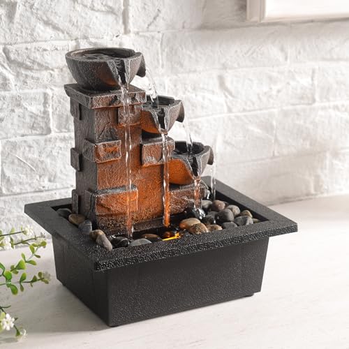 GOSSI Home Décor Imitation 3-Tier Stone Wall Tabletop Fountain Many Natural River Rock Office Relaxing Desktop Zen Waterfall Meditation Tabletop Fountain LED Lights Fountain Christmas Decorations - Image 2