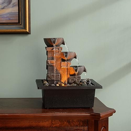 GOSSI Home Décor Imitation 3-Tier Stone Wall Tabletop Fountain Many Natural River Rock Office Relaxing Desktop Zen Waterfall Meditation Tabletop Fountain LED Lights Fountain Christmas Decorations - Image 3