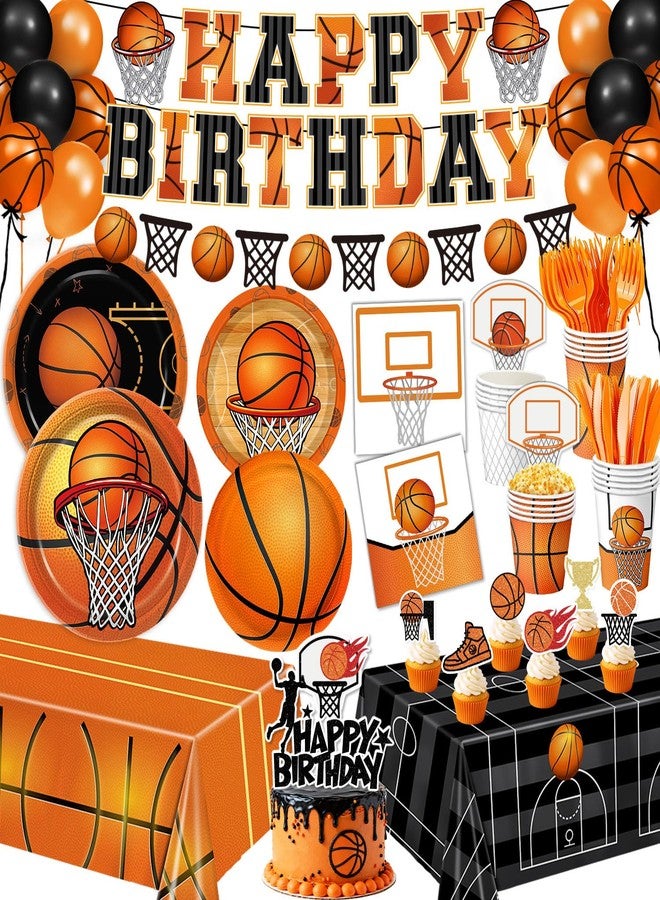 LINHAXM 202 PCS Basketball Birthday Party Decorations - Plates, Napkins, Cups, Basket Card, Banner, Balloons, Cake & Cupcake Toppers, Tablecloths, Cutlery for Basketball Party Decorations, Serves 24 - Image 1