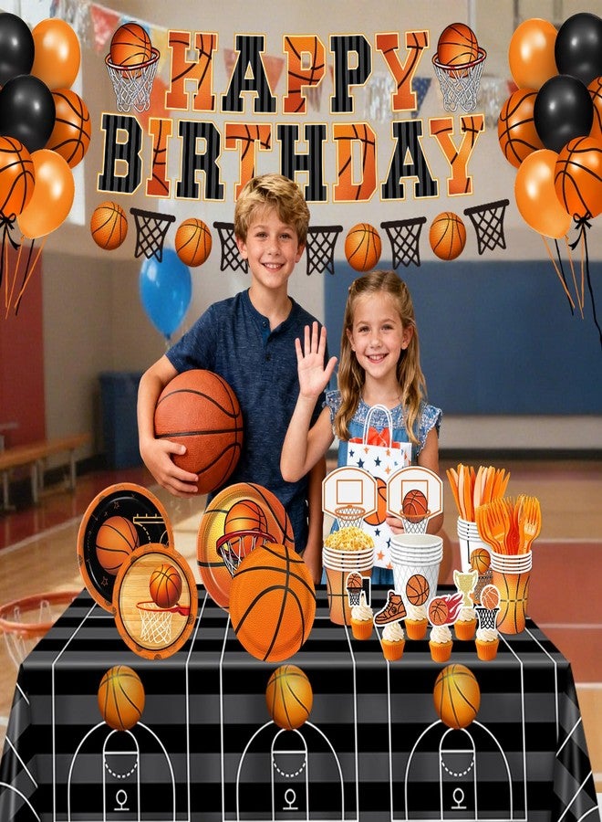 LINHAXM 202 PCS Basketball Birthday Party Decorations - Plates, Napkins, Cups, Basket Card, Banner, Balloons, Cake & Cupcake Toppers, Tablecloths, Cutlery for Basketball Party Decorations, Serves 24 - Image 3
