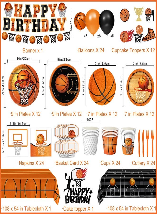 LINHAXM 202 PCS Basketball Birthday Party Decorations - Plates, Napkins, Cups, Basket Card, Banner, Balloons, Cake & Cupcake Toppers, Tablecloths, Cutlery for Basketball Party Decorations, Serves 24 - Image 2