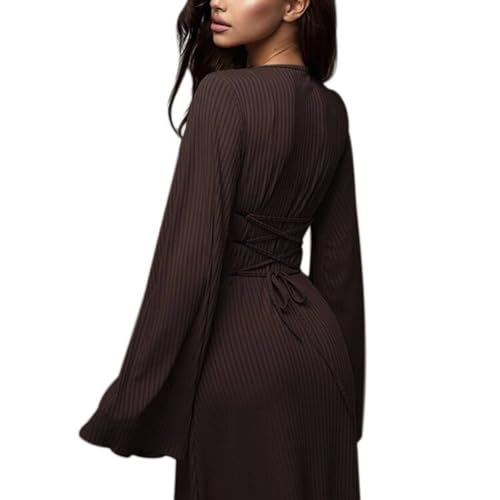 ZGMYC Women's Scoop Neck Lace Up Ribbed Maxi Dress Knit Flare Sleeve Bodycon Dress Loose Casual Long Dresses Brown - Image 4
