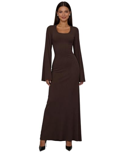 ZGMYC Women's Scoop Neck Lace Up Ribbed Maxi Dress Knit Flare Sleeve Bodycon Dress Loose Casual Long Dresses Brown - Image 2