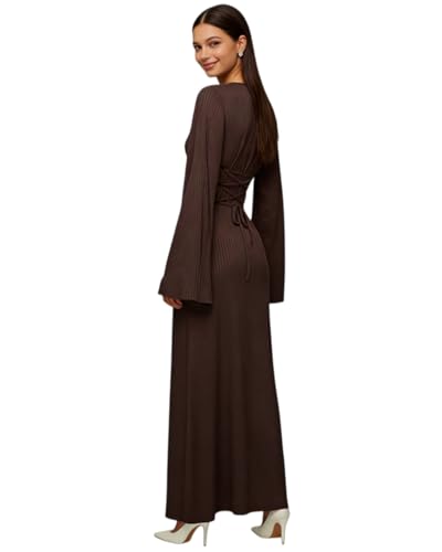 ZGMYC Women's Scoop Neck Lace Up Ribbed Maxi Dress Knit Flare Sleeve Bodycon Dress Loose Casual Long Dresses Brown - Image 5