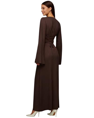 ZGMYC Women's Scoop Neck Lace Up Ribbed Maxi Dress Knit Flare Sleeve Bodycon Dress Loose Casual Long Dresses Brown - Image 3
