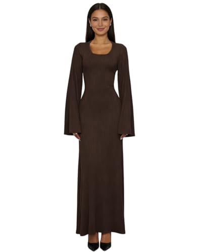 ZGMYC Women's Scoop Neck Lace Up Ribbed Maxi Dress Knit Flare Sleeve Bodycon Dress Loose Casual Long Dresses Brown - Image 1