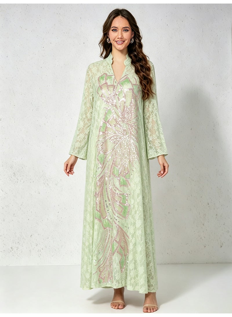 Kaiyuede Dubai Light Green Lace Abaya with Pink & Green Sequin Embroidery | Mandarin Collar Opaque Lined Modest Dress for Eid & Wedding - Image 1