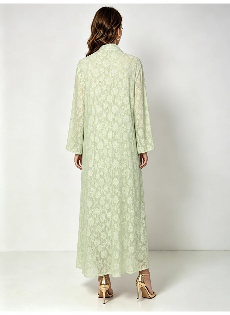 Kaiyuede Dubai Light Green Lace Abaya with Pink & Green Sequin Embroidery | Mandarin Collar Opaque Lined Modest Dress for Eid & Wedding - Image 3