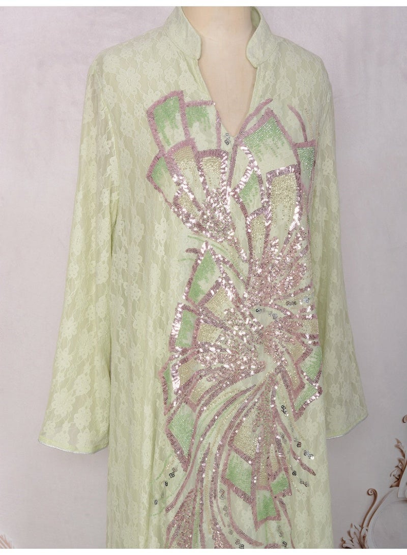 Kaiyuede Dubai Light Green Lace Abaya with Pink & Green Sequin Embroidery | Mandarin Collar Opaque Lined Modest Dress for Eid & Wedding - Image 2
