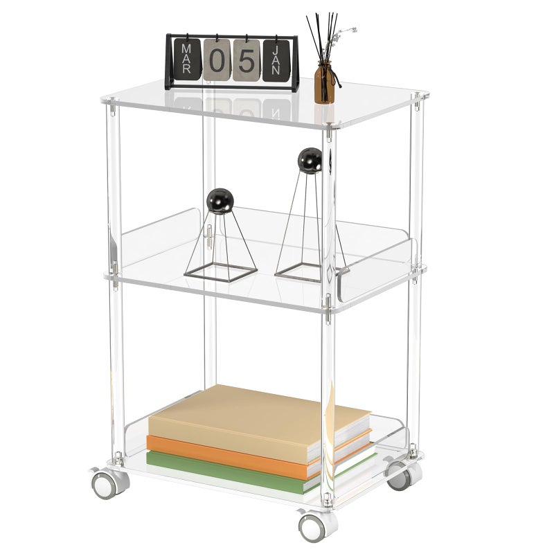 AQUIVER Acrylic Rolling Side Table  3 Tiers End Table with Lockable Wheels  Small Clear Table for Living Room Bedroom Office  156 L x 116 W x 24 H