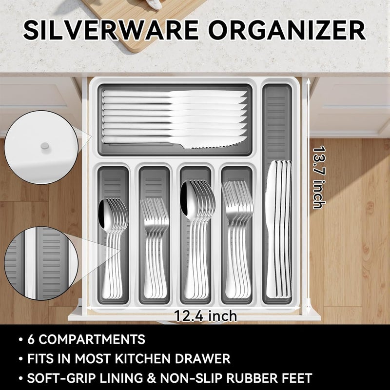 JUNLIN 49-Piece Stainless Steel Silverware Set with Cutlery Organizer, Service for 8 with Steak Knives and Kitchen Utensils (49PCS Silverware with Tray) - Image 3