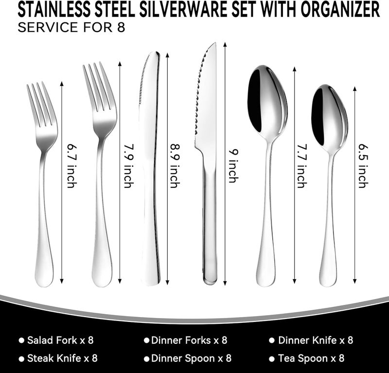 JUNLIN 49-Piece Stainless Steel Silverware Set with Cutlery Organizer, Service for 8 with Steak Knives and Kitchen Utensils (49PCS Silverware with Tray) - Image 2
