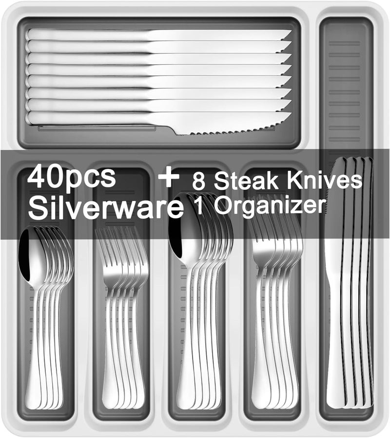 JUNLIN 49-Piece Stainless Steel Silverware Set with Cutlery Organizer, Service for 8 with Steak Knives and Kitchen Utensils (49PCS Silverware with Tray) - Image 1