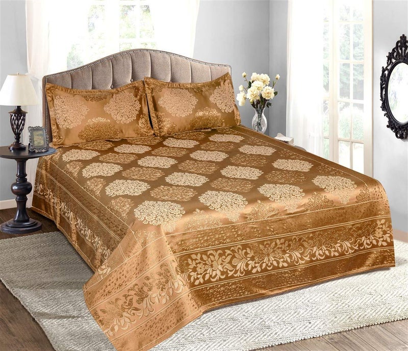 Victor 300 TC Poly Cotton Styria Satin Bedcover for Double Bed/Luxury Damask Geometrical Extra Soft Bed Spread, Exclusive for Wedding (Bed Cover - 90"" X 100"", 2 Pillow Covers - 18"" X 27""), Mustard - Image 1