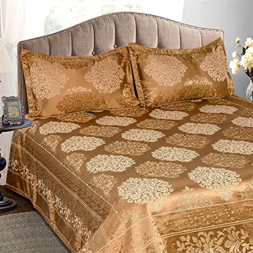 Victor 300 TC Poly Cotton Styria Satin Bedcover for Double Bed/Luxury Damask Geometrical Extra Soft Bed Spread, Exclusive for Wedding (Bed Cover - 90"" X 100"", 2 Pillow Covers - 18"" X 27""), Mustard - Image 2