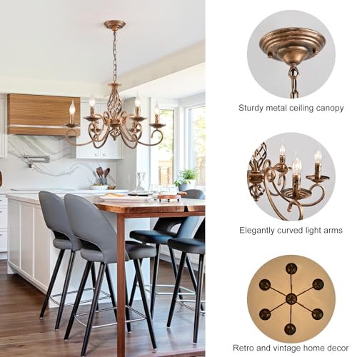Ganeed Rustic 6-Light Chandeliers,French Country Vintage Chandelier,Metal in Antique Bronze Pendant Chandelier,Pendant Light Fixture for Island Kitchen Farmhouse Dining Room Living Room - Image 4