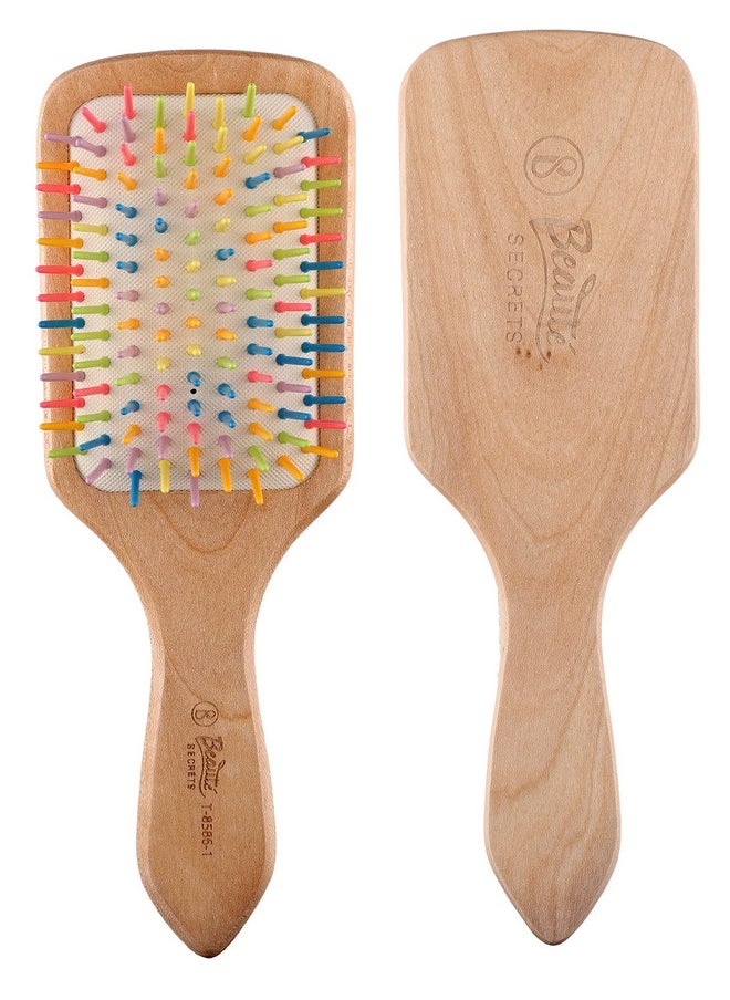 Beaute Secrets - Wooden Paddle Hair Brush Bamboo Hair Brush With Plastic Rainbow Tips Large Natural Ecofriendly Comb For Women Hair Brush For Men Ideal For Thick Curly Wavy Long Hair Reduce Loss Frizzfree Hair - Image 1