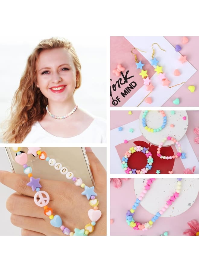800Pcs Colorful Pastel Beads Heart Beads Star Beads Candy Color Round Beads Kit, Assorted Cute Shape Bow Bulk Beads for Bracelets Jewelry Making DIY Crafts Necklace - Image 5