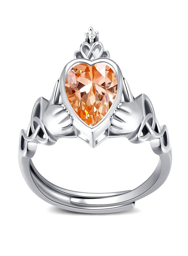 Qings Claddagh November Citrine Birthstone Rings - 925 Sterling Silver Adjustable Heart Gemstone Ring Traditional Irish Wedding Band Promise Eternity Bands Jewelry for Women (With Gift Box) - Image 1