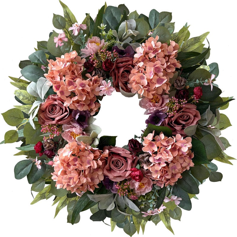 WANNA-CUL 24 Inch Spring Hydrangea Wreaths for Front Door,Spring Mothers Day Front Door Wreath with Pink Rose and Peony Flower for Valentines Day,Wedding or Indoor&Outdoor Decoration - Image 1