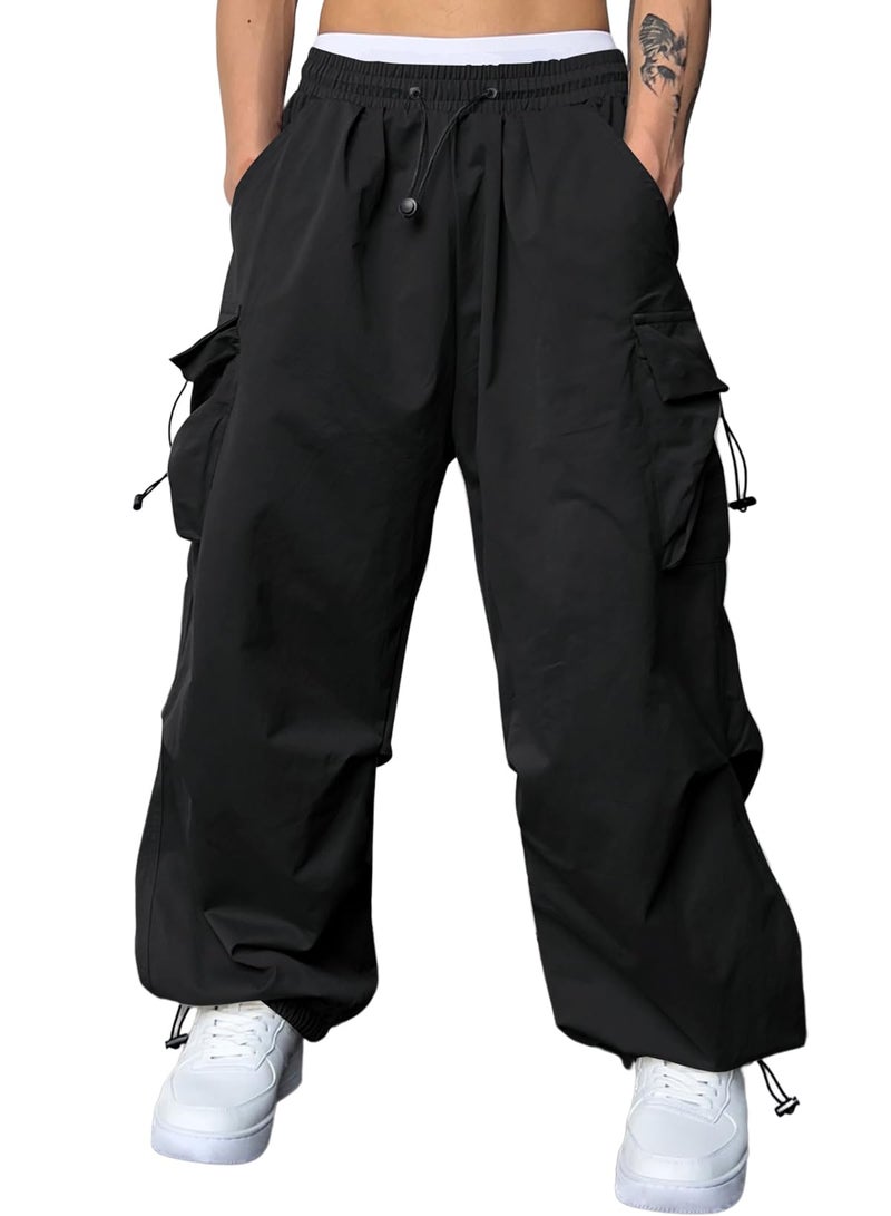 JMIERR Casual Lounge Baggy Sweatpants Parachute Pants for Men Fasion Loose Fit Wide Leg Rap Travel Pants with Drawstring High Waist Fall Essentials Outfits Retro 80s,XL,Black - Image 1