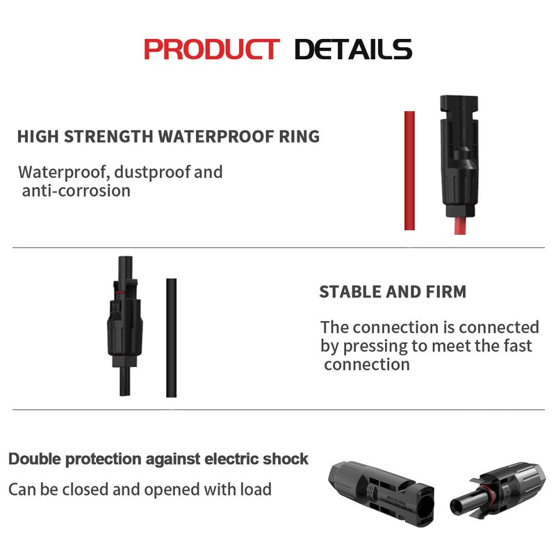 ELFCULB Solar Panel Extension Cable-1Pair 10WAG 30FT Solar Extension Cable Black＆Red with Male/Female Connectors Solar Panel PV Cable Wire with Extra Pair of Connectors Solar Panel Adaptor Kit - Image 5