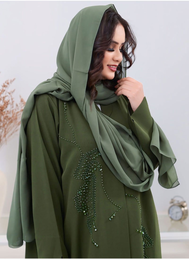 نور زارا - عباية بشت باللون الأخضر الزيتوني مع فستان داخلي متناسق - Image 1