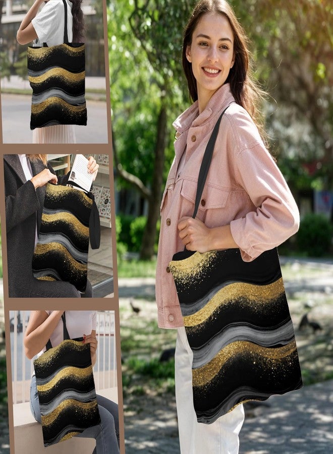 ANNA QUEEN Casual Golden Black Canvas Tote Bag Shoulder Bag Handle Bag for Gym Yoga Picnic Beach Travel Kitchen Reusable Market Grocery Shopping - Image 3