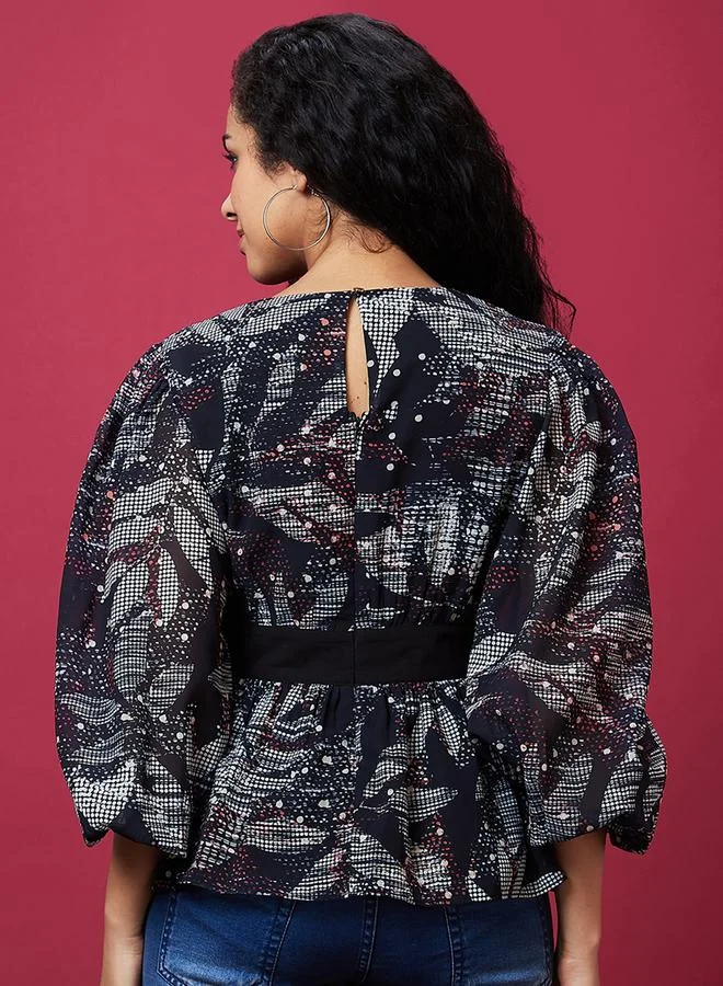 globus Floral Printed Balloon Sleeves V-Neck Top
