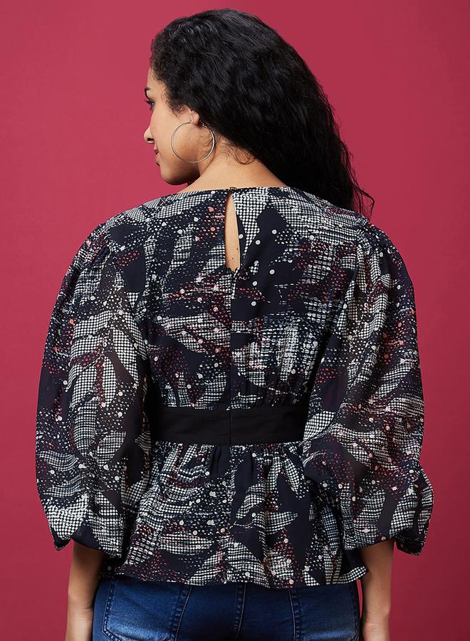 globus Floral Printed Balloon Sleeves V-Neck Top - Image 4