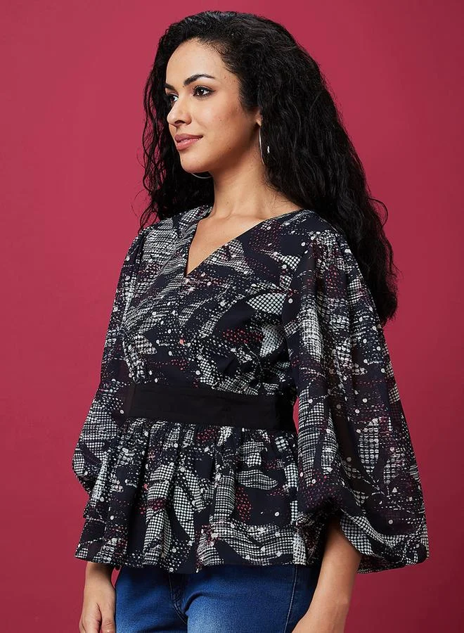globus Floral Printed Balloon Sleeves V-Neck Top