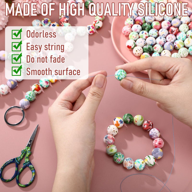 Ferreve 120 Pcs 15mm Silicone Beads Bulk Silicone Beads Print Rubber DIY Bracelet Making Kit for Keychain Making Pens Necklace Jewelry(Floral) - Image 5