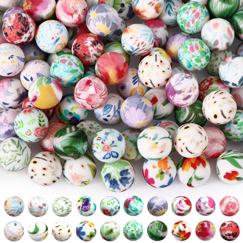 Ferreve 120 Pcs 15mm Silicone Beads Bulk Silicone Beads Print Rubber DIY Bracelet Making Kit for Keychain Making Pens Necklace Jewelry(Floral) - Image 1