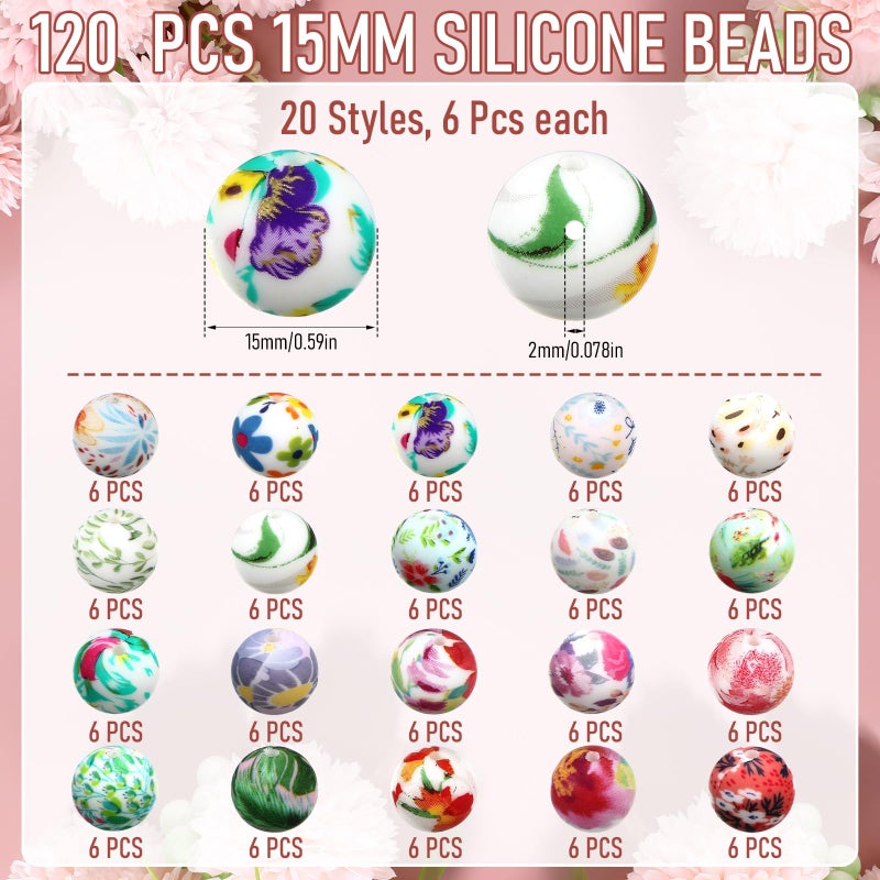 Ferreve 120 Pcs 15mm Silicone Beads Bulk Silicone Beads Print Rubber DIY Bracelet Making Kit for Keychain Making Pens Necklace Jewelry(Floral) - Image 2