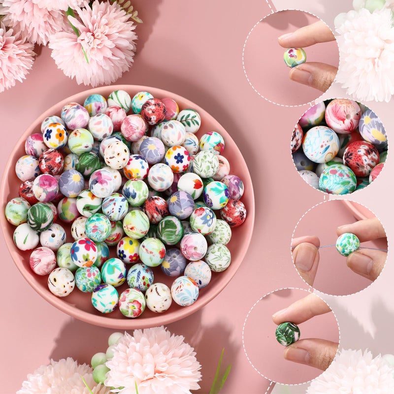 Ferreve 120 Pcs 15mm Silicone Beads Bulk Silicone Beads Print Rubber DIY Bracelet Making Kit for Keychain Making Pens Necklace Jewelry(Floral) - Image 4
