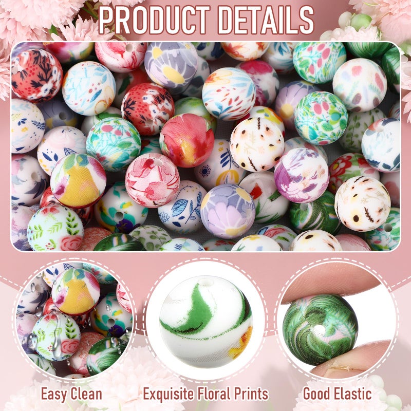 Ferreve 120 Pcs 15mm Silicone Beads Bulk Silicone Beads Print Rubber DIY Bracelet Making Kit for Keychain Making Pens Necklace Jewelry(Floral) - Image 3