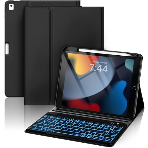 OYEEICE for iPad 9th Generation Case with Keyboard 10.2'' - 7 Color Backlit Wireless Keyboard Cover with Pencil Holder for iPad 9th/8th/7th Gen 10.2 inch, iPad Air 3rd Gen & iPad Pro 10.5" - Black - Image 1