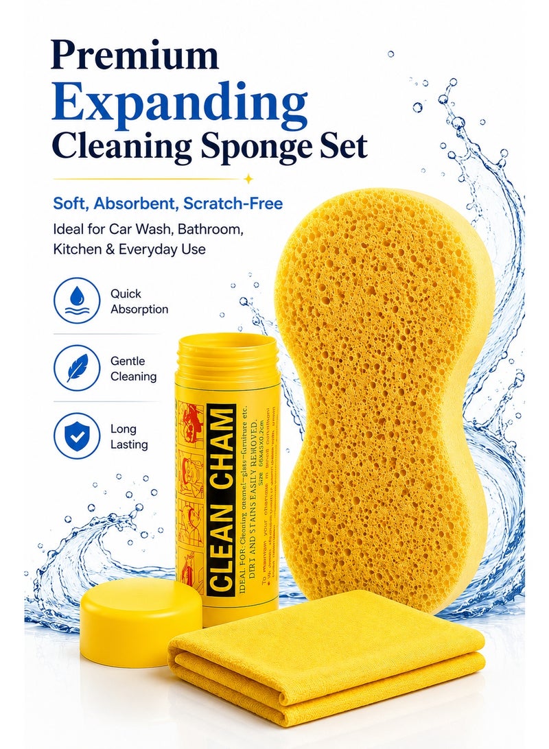 Clean Cham Expanding Super Sponge Cleaning Set for Car Wash, Bathroom, Kitchen and Daily Cleaning with Yellow Sponge, Storage Tube and Microfiber Cloth - Image 5