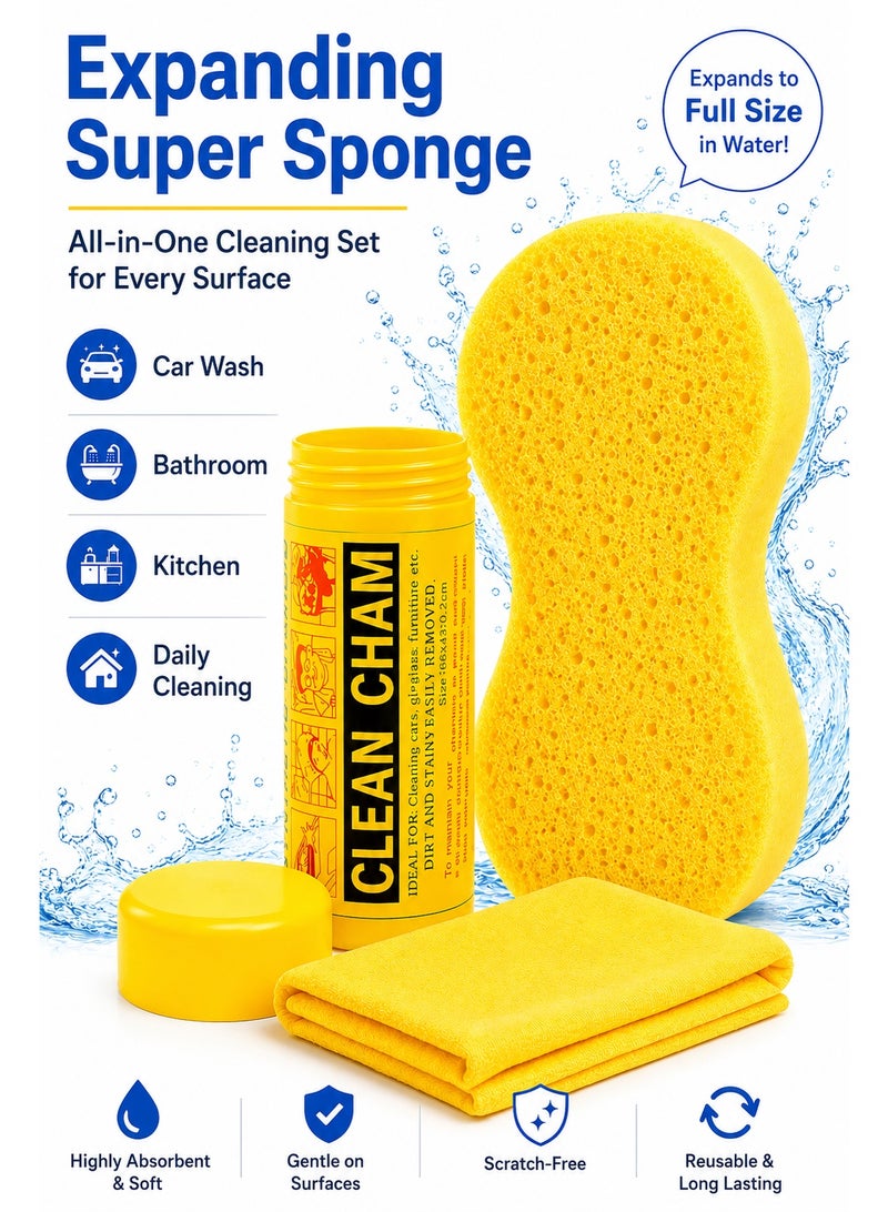 Clean Cham Expanding Super Sponge Cleaning Set for Car Wash, Bathroom, Kitchen and Daily Cleaning with Yellow Sponge, Storage Tube and Microfiber Cloth - Image 4